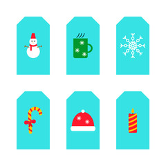 Cards with christmas icons. Hat, tea, snowman, snowflake, candle, candies. Vector illustration