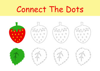 Strawberry coloring fun and connect the dots worksheet for kindergarten vector illustration design