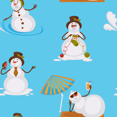 Snowman sunbathing on beach lying on sun under umbrella