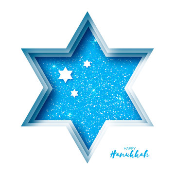 Origami Happy Hanukkah Greeting card on blue. Hanuka jewish illustration.David star.j Happy holidays.