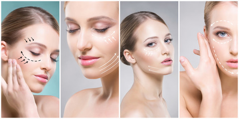 Beautiful face of young and healthy girl in collage collection. Plastic surgery, skin care,...