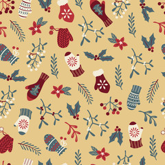 Seamless Winter Mittens Pattern. Christmas Vector Doodle Illustration.