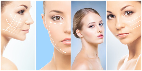 Beautiful face of young and healthy girl in collage collection. Plastic surgery, skin care,...