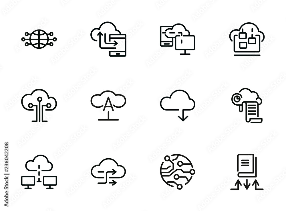 Poster cloud computing line icon set. set of line icons on white background. programming concept. system, s