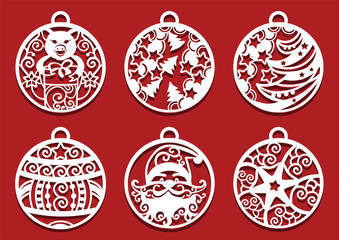 Santa, Pig holding gift inside Christmas balls. Symbol of 2019 for laser cutting. Set of New Year decorations