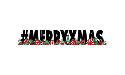 Hashtag Merry Xmas illustration with Christmas doodles