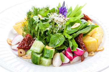 Salad with potatoes, radish and dried tomatoes