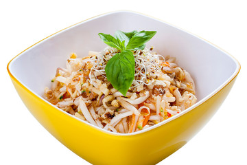 Salad with soy sprouts, nuts and zucchini