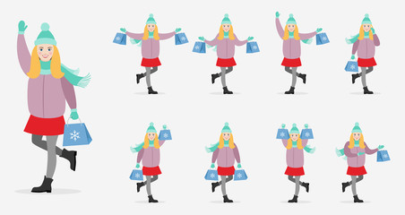 Fototapeta na wymiar Character girl in winter clothes with shopping. Girl in various poses with purchases in hands. Flat illustrations for design.