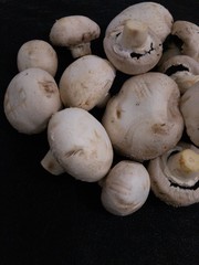Creative Top view flat lay of fresh raw mushrooms on black background with copy space
