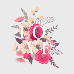 Floral word LOVE (flowers, grass, leaves). Floral letter.