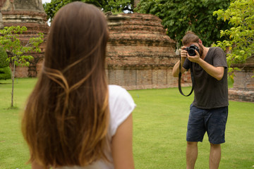 Young tourist couple having vacation together in Ayutthaya, Thai