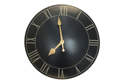 Black wall clock with Roman numerals on the clock face isolated on the white background.