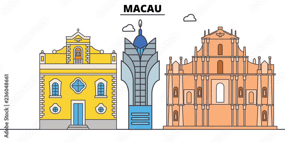 Wall mural Macau line skyline vector illustration. Macau linear cityscape with famous landmarks, city sights, vector design landscape.