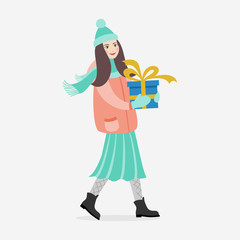 Fototapeta na wymiar Happy girl carries a gift. Preparing for the New Year and Christmas. Flat illustration for design.