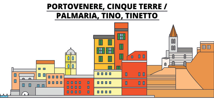 Portovenere, Cinque Terre - Palmaria, Tino, Tinetto line travel landmark, skyline vector design. Portovenere, Cinque Terre - Palmaria, Tino, Tinetto linear illustration. 