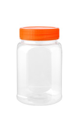 Empty plastic jar isolated on white background