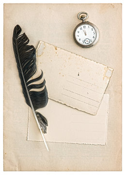 Used papers postcards antique feather pen pocket watch