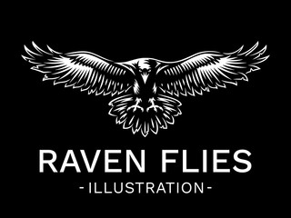 Raven bird in front - vector illustration, logo, emblem black and white, one color.