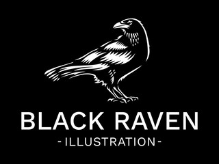 Raven bird - vector illustration, logo, emblem black and white, one color.