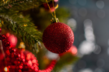 red christmas ball on tree