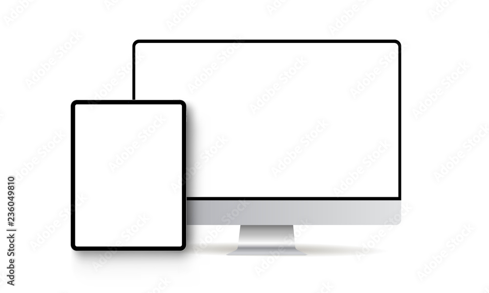 Poster tablet computer and monitor with blank screens isolated on white background. modern devices mockups 
