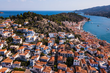 Top view of Poros island and Sea marina in Aegean sea, Greece.