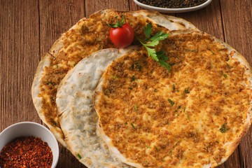 Armenian pizza, lahmajo with slices of lamb, Basil and spices