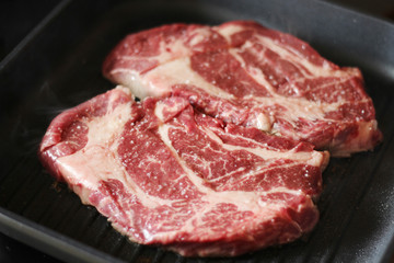 Raw steaks cooked on the pan	