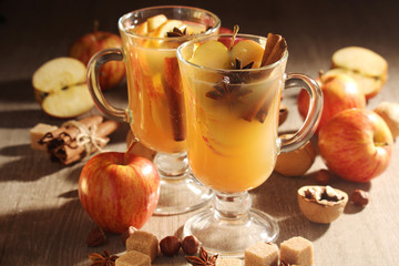Two cups with hot cider in cold season with cinnamon and anise