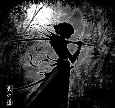 A young samurai girl with katana the characters mean "the way of the warrior" in Japanese