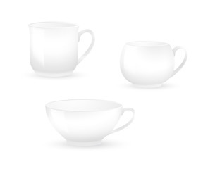 Collection of various white coffee cups isolated on white background