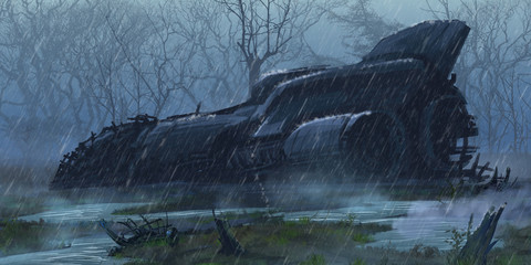 Crashed Spaceship in the Wet Land. Fiction Backdrop. Concept Art. Realistic Illustration. Video Game Digital CG Artwork. Nature Scenery.   © info@nextmars.com