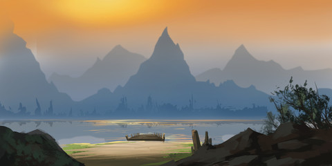 Chinese Mountain and River. Fiction Backdrop. Concept Art. Realistic Illustration. Video Game Digital CG Artwork. Nature Scenery.
