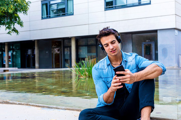 Man sitting listening music Headphones concept