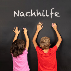 girl and boy writing on a blackboard with german text nachhilfe, in english private tutoring