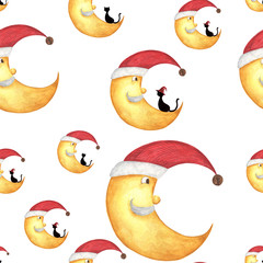 Seamless pattern with christmas half moon face with black cat on white background. Watercolor illustration.
