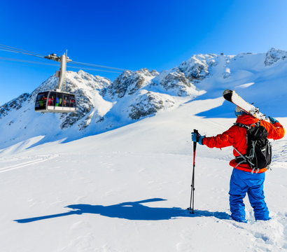 Skiing with amazing view of swiss famous mountains in beautiful winter snow  Mt Fort. The matterhorn and the Dent d'Herens. In the foreground the Grand Desert glacier.
