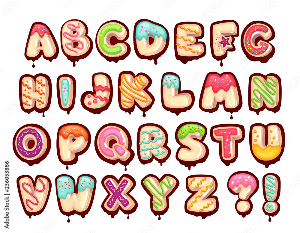 Wall mural Sweet alphabet. Cartoon kids letters. Donut font 