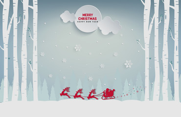 Merry Christmas and Happy New Year. Santa Claus and snowflakes and christmas tree paper art and digital craft style.