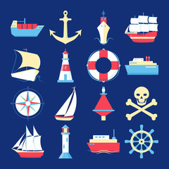 Obraz na płótnie Canvas Marine collection of ship icons in flat style