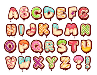 Sweet alphabet. Cartoon kids letters. Donut font 