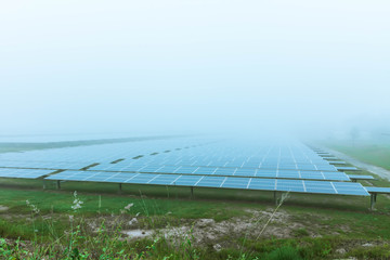 Solar cell with fog in the morning, The weather in late rainy early winter season
