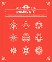 Vintage vector decoration and Snowflakes icon set. Paper ornaments, decorations, design elements. Flourish patterns. Retro design elements for invitations, posters, badges, logotypes and other designs