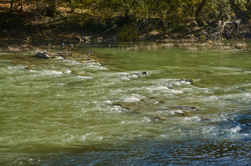 The mountain river quickly flows through stone rapids along woodlands and rocks. Water boils,...