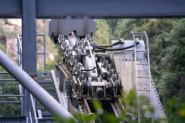 The pulley engine gears of ropeway on a cabins or funicular railways.