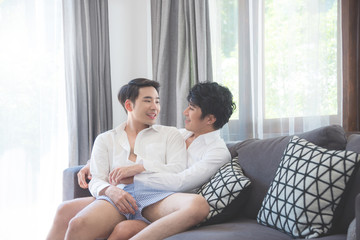 Young asian homosexual couple sitting together on sofa at home