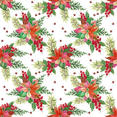 Hand drawn watercolor gouache seamless holiday pattern with different poinsettia flowers and leaves elegant style
