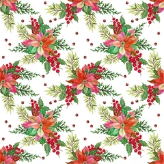Poster Hand drawn watercolor gouache seamless holiday pattern with different poinsettia flowers and leaves elegant style © HoyaBouquet