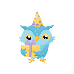 Lovely blue owlet in a party hat with gift box, cute bird cartoon character, design element for Birthday party vector Illustration